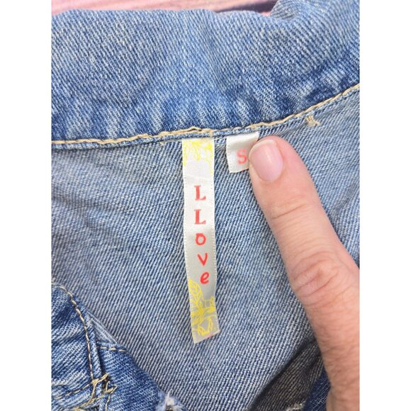 L Love Beaded-Distressed Blue Denim Vest Jacket Small - Pearl Embellished - Picture 5 of 7
